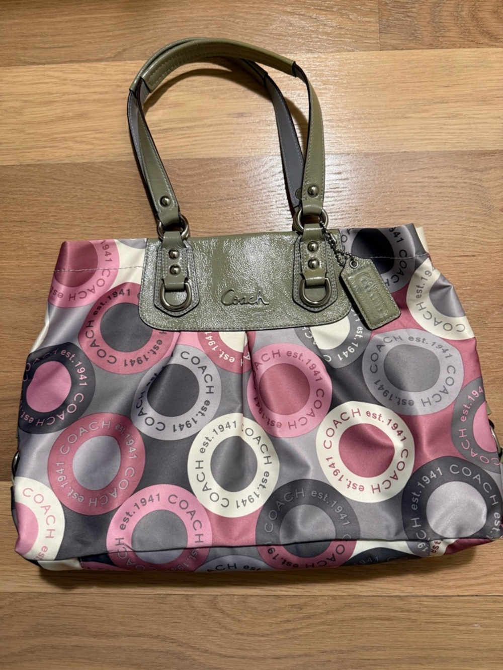 Coach Ashley Signature Carryall Poppy Circle-Print Shoulder Bag with Olive Trim